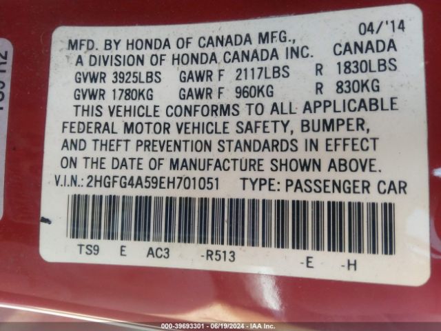 2HGFG4A59EH701051 Honda CIVIC SI