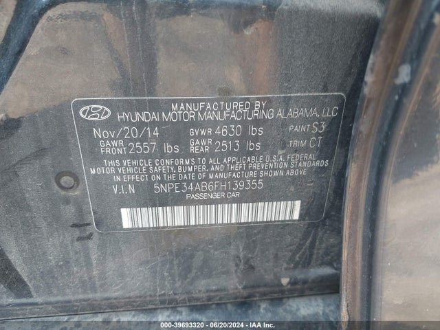 Hyundai Sonata Limited 2.0t 2015 5NPE34AB6FH139355 Image 9