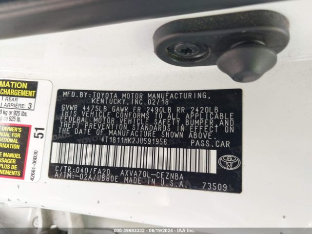 4T1B11HK2JU591956 Toyota CAMRY LE