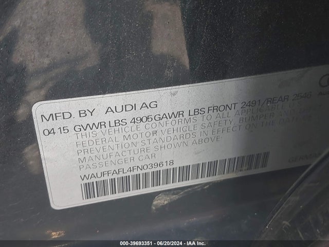 39693351 :رقم المزاد ، WAUFFAFL4FN039618 vin ، 2015 Audi A4 2.0t Premium مزاد بيع