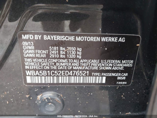 39693376 :رقم المزاد ، WBA5B1C52ED476521 vin ، 2014 Bmw 535i مزاد بيع