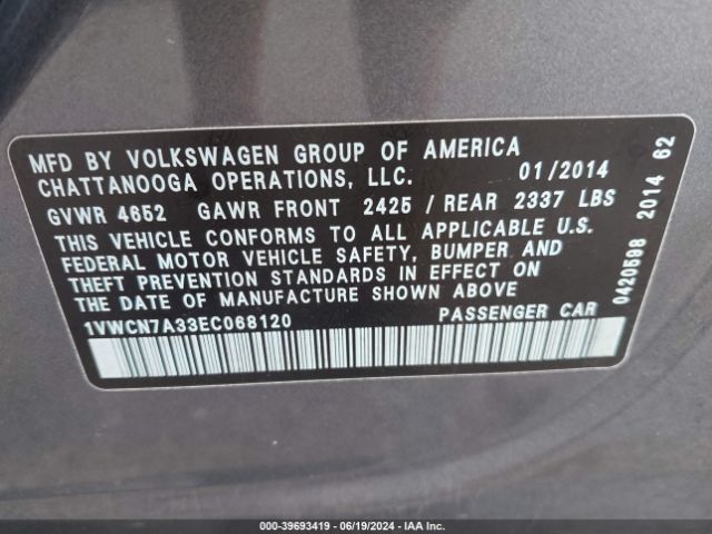 1VWCN7A33EC068120 Volkswagen Passat 2.0l Tdi Sel Premium