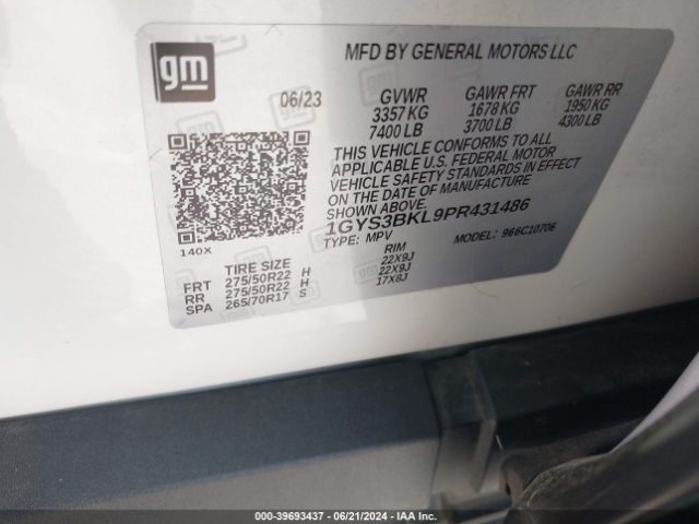 1GYS3BKL9PR431486 Cadillac Escalade 2wd Premium Luxury