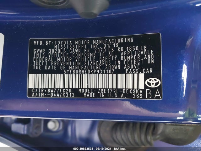 Toyota COROLLA SE 2019 5YFBURHE0KP931107 Image 9