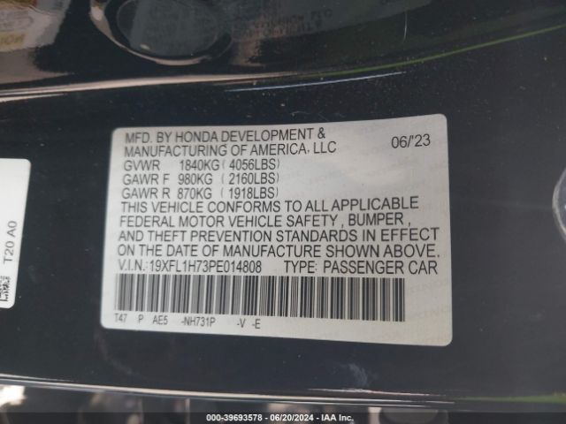 19XFL1H73PE014808 Honda Civic Ex-l /ex-l W/o Bsi