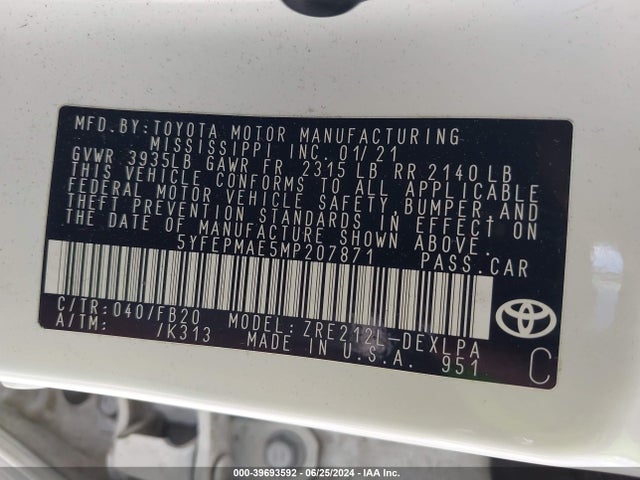 Toyota COROLLA LE 2021 5YFEPMAE5MP207871 Image 9