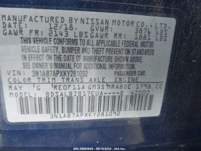 3N1AB7APXKY281092 Nissan Sentra S/sv/sr/sl