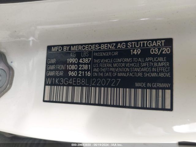 W1K3G4EB8LJ220727 Mercedes-Benz A 220