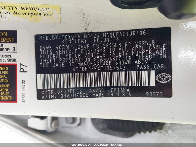 4T1BF1FKXEU357543 Toyota Camry L/le/se/se Sport/xle