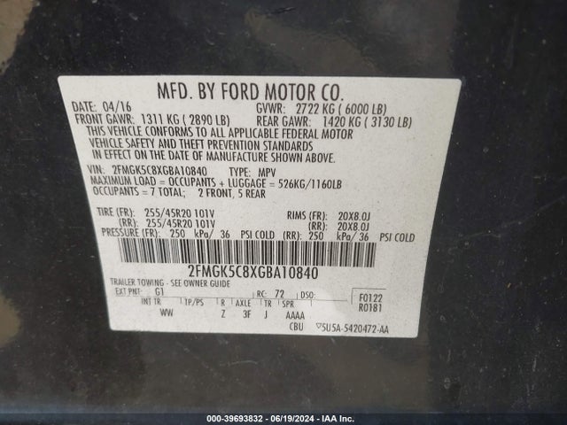 Ford FLEX SEL 2016 2FMGK5C8XGBA10840 Image 9