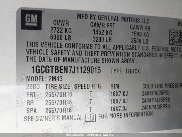Aukcja sprzedaży 2018 Chevrolet Colorado Wt, vin: 1GCGTBEN7J1129015, numer aukcji: 39693866