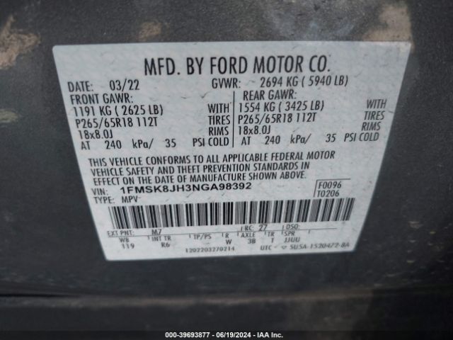 1FMSK8JH3NGA98392 Ford Explorer Timberline