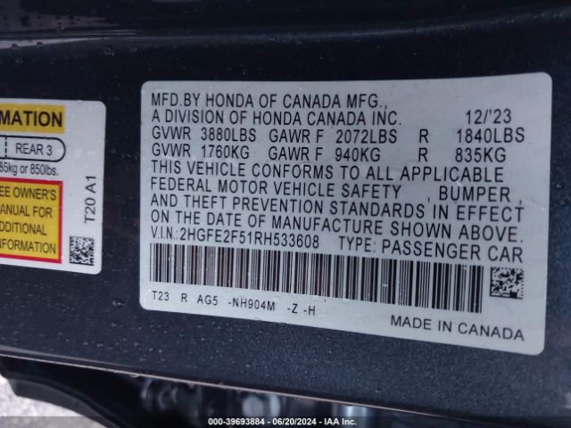 2HGFE2F51RH533608 Honda Civic Sport