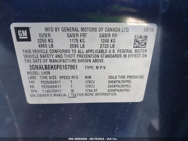 Chevrolet EQUINOX 1LT 2015 2GNALBEK6F6167861 Image 9