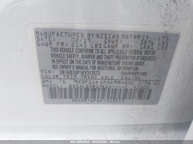 Nissan SENTRA SV 2019 3N1AB7AP1KY313573 Image 9