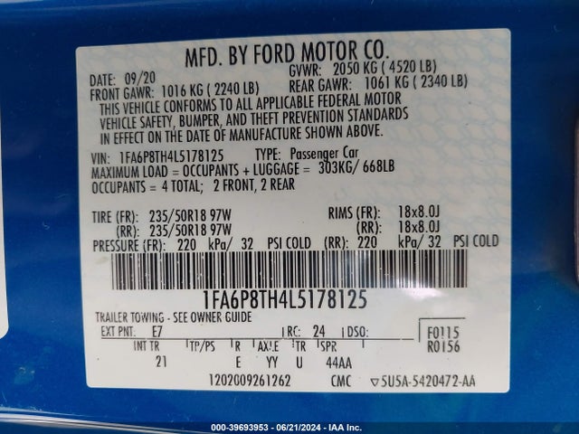 Ford Mustang Ecoboost Fastback 2020 1FA6P8TH4L5178125 Image 9