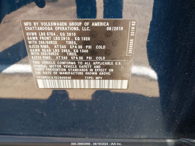 1V2WR2CA1KC605046 Volkswagen Atlas 3.6l V6 Se W/technology