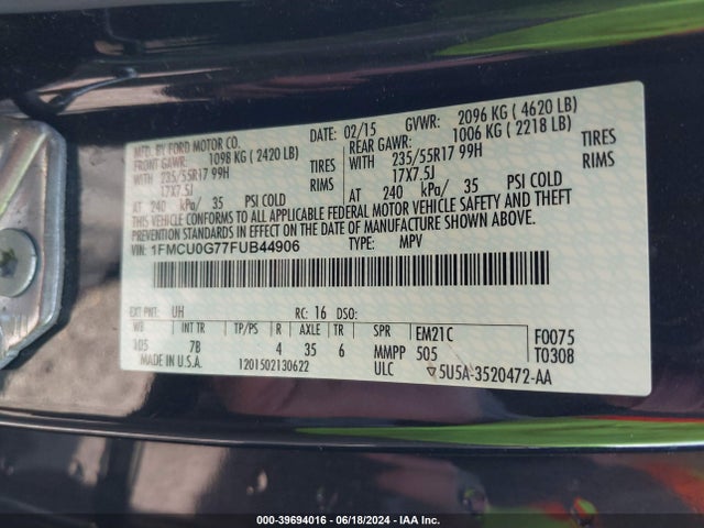 Ford ESCAPE SE 2015 1FMCU0G77FUB44906 Image 9