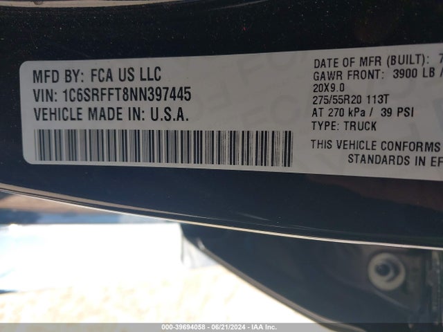 1C6SRFFT8NN397445 RAM 1500 Big Horn  4x4 5'7 Box