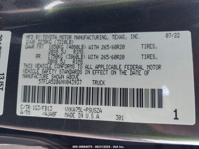 Toyota Tundra Sr5 2022 5TFLA5DB6NX043937 Image 9
