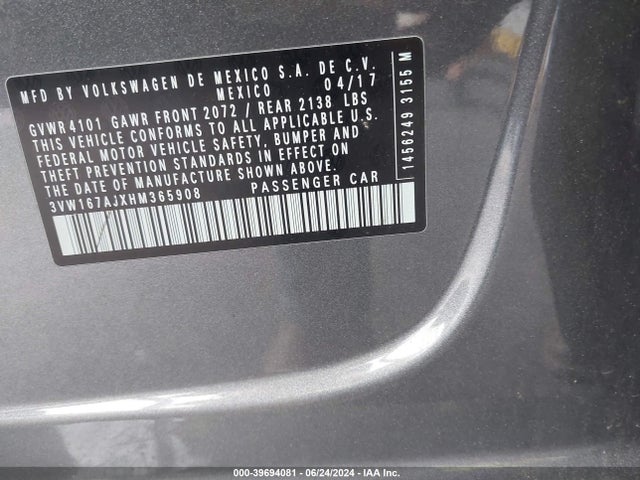 3VW167AJXHM365908 Volkswagen Jetta 1.4t S