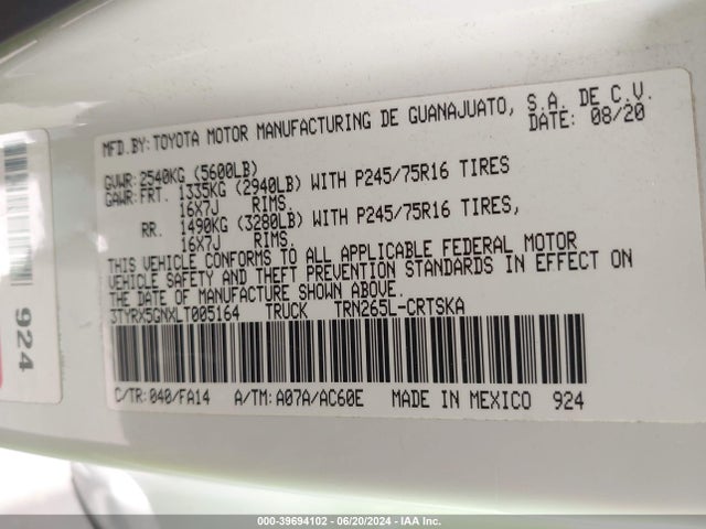 Toyota Tacoma Sr 2020 3TYRX5GNXLT005164 Image 9