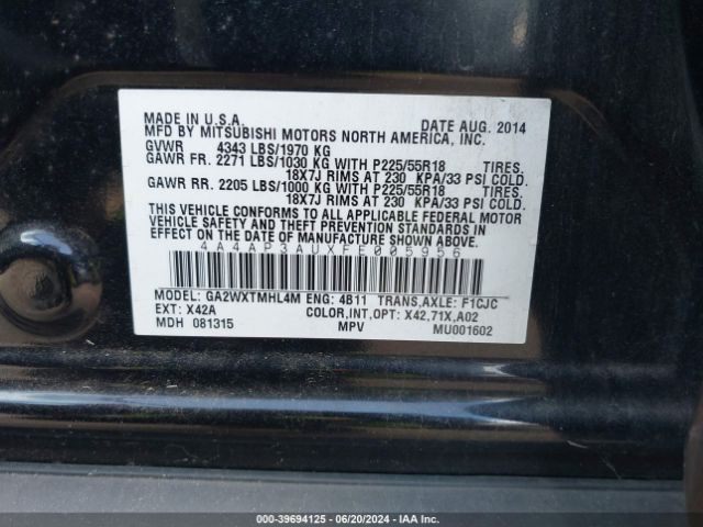 4A4AP3AUXFE005956 Mitsubishi Outlander Sport Es