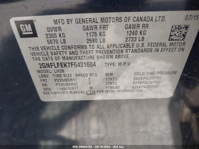 Chevrolet EQUINOX 1LT 2015 2GNFLFEK7F6431604 Image 9