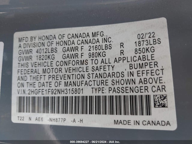Honda Civic Touring 2022 2HGFE1F92NH315801 Image 9