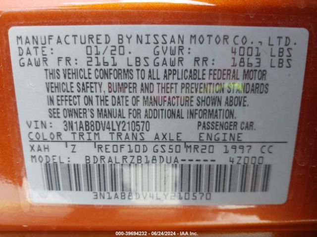 3N1AB8DV4LY210570 Nissan Sentra Sr Xtronic Cvt