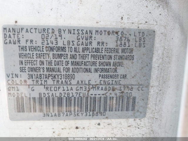 Nissan SENTRA SV 2019 3N1AB7AP5KY318890 Image 9