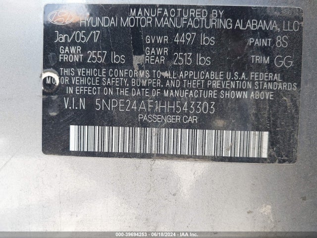 Hyundai Sonata 2017 5NPE24AF1HH543303 Image 9