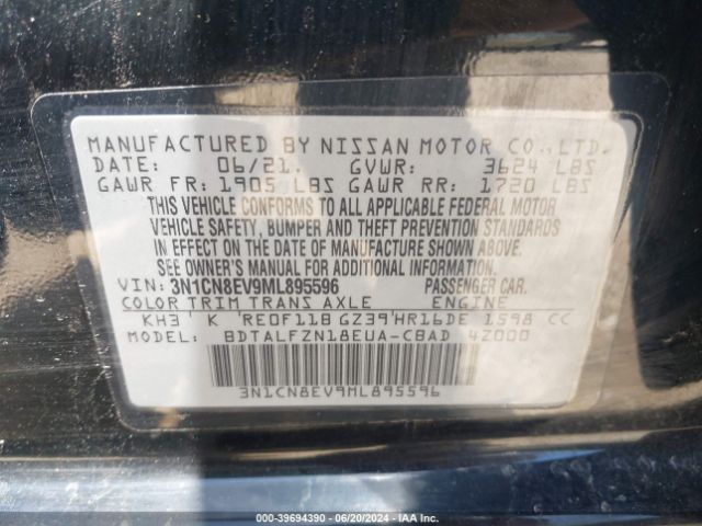 3N1CN8EV9ML895596 Nissan Versa Sv Xtronic Cvt