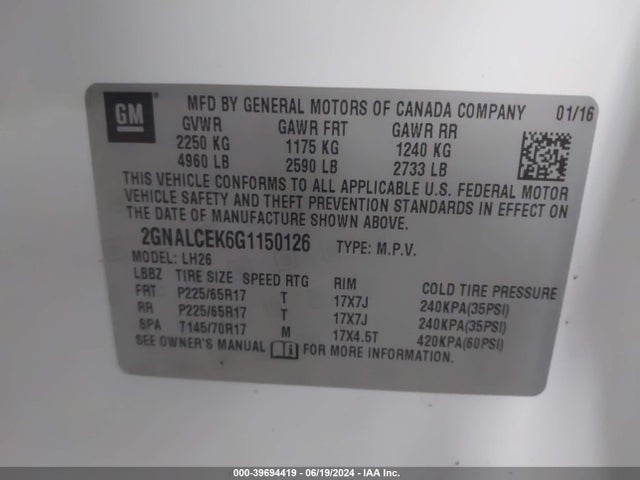 Chevrolet EQUINOX LT 2016 2GNALCEK6G1150126 Image 9
