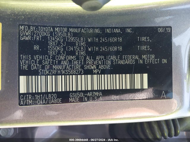 Toyota Highlander Xle 2019 5TDKZRFH1KS568273 Image 9