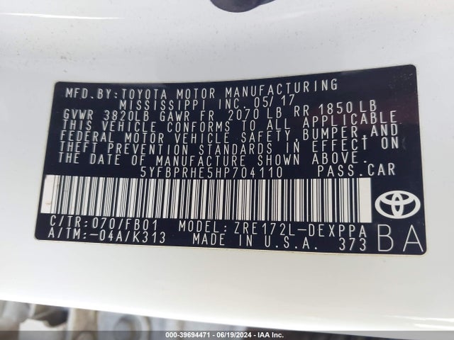 Toyota Corolla Le Eco 2017 5YFBPRHE5HP704110 Image 9