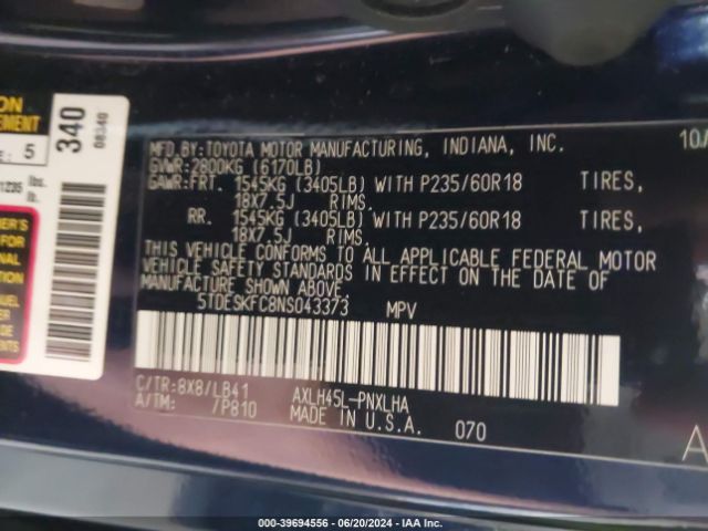 5TDESKFC8NS043373 Toyota Sienna Platinum