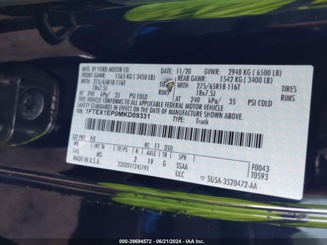 1FTEX1EP0MKD09331 Ford F-150 Xlt