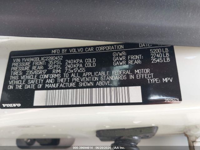 2012 VOLVO XC60 YV4940DLXC2280452 Photo 8