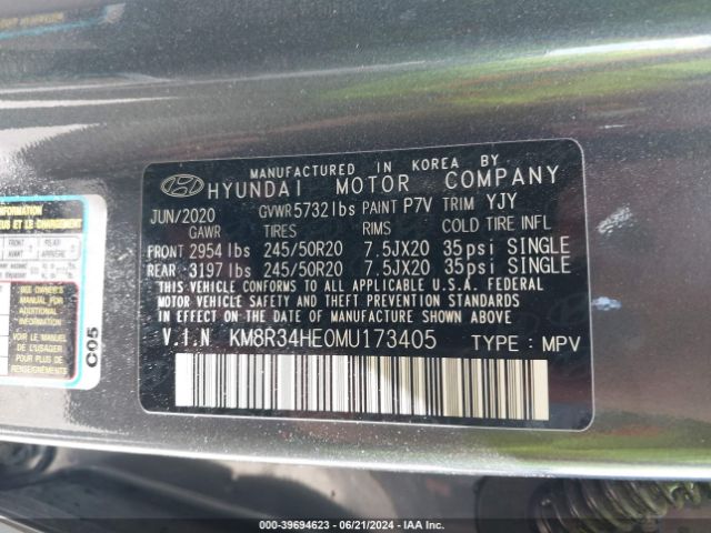 KM8R34HE0MU173405 Hyundai Palisade Sel