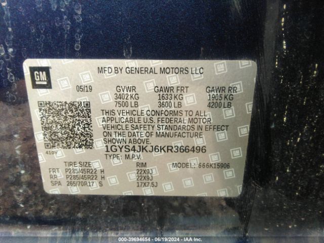 1GYS4JKJ6KR366496 Cadillac Escalade Esv Premium Luxury