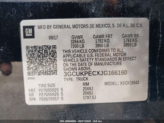 3GCUKPECXJG166160 Chevrolet Silverado 1500 Custom