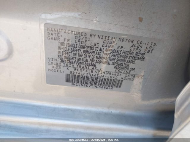 3N1CN8EV9ML888860 Nissan Versa Sv Xtronic Cvt
