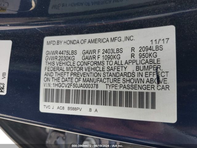 1HGCV2F50JA000378 Honda Accord Ex-l 2.0t