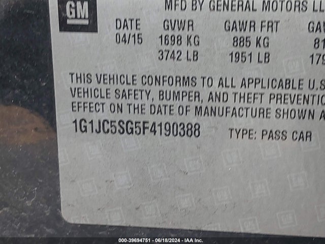Chevrolet Sonic Lt Auto 2015 1G1JC5SG5F4190388 Image 9