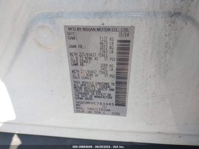 5N1AT2MV5FC783445 Nissan ROGUE SV