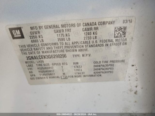 2GNALCEK3G6290296 Chevrolet EQUINOX LT