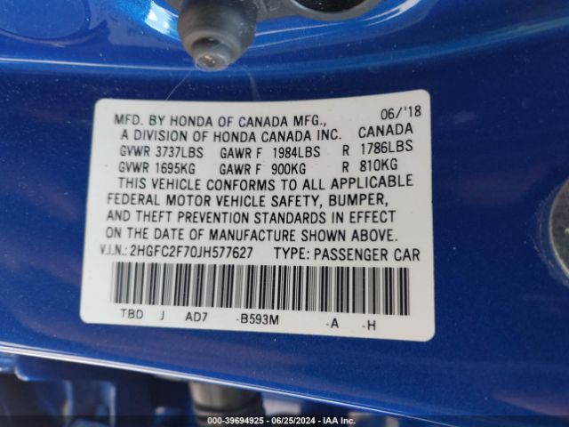 2HGFC2F70JH577627 Honda CIVIC EX
