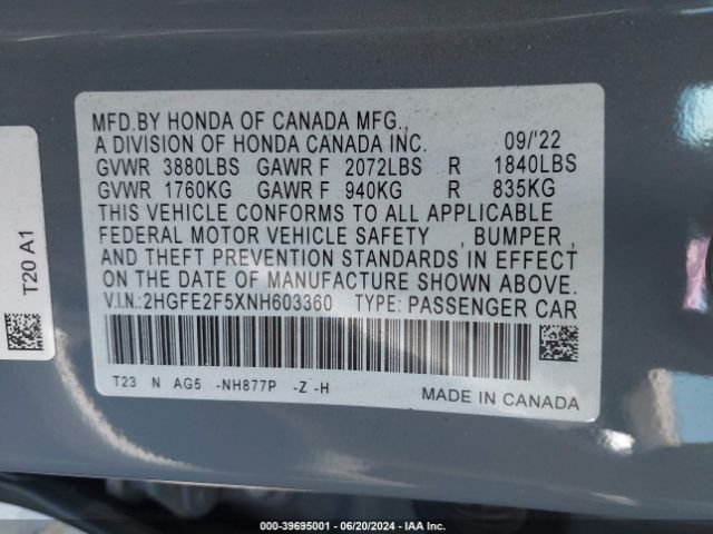 2HGFE2F5XNH603360 Honda Civic Sport