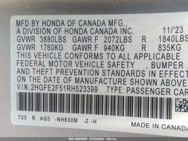 Honda Civic Sport 2024 2HGFE2F51RH523399 Image 9